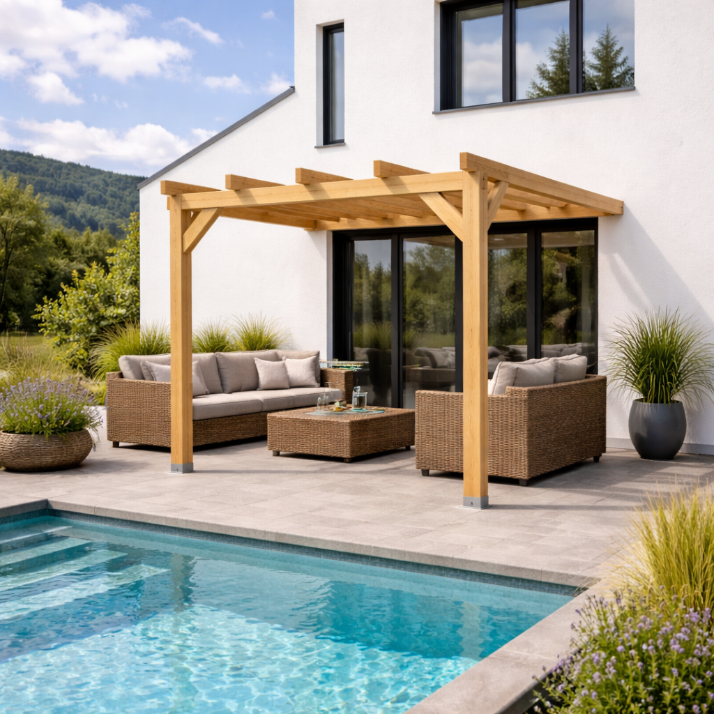 Pérgola Laminada 3x3 Anexada: Ampliación Natural, Diseño Sólido y Estilo en Madera