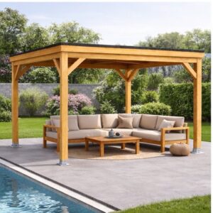 Pérgola Laminada 4x4 Techada: Diseño Robusto, Madera Natural y Protección Integral Frente al Sol y la Lluvi