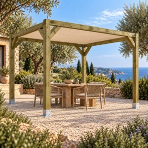 Pérgola de Madera Maciza 3×3 con Toldo Fijo