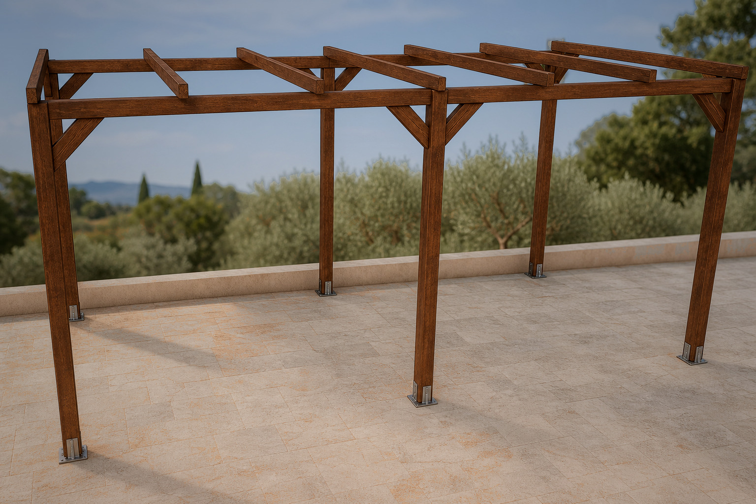pergola-laminada-6x3-autoportante-abierta-atardecer-alex2026 Pérgola de madera laminada 6 × 3 m autoportante abierta