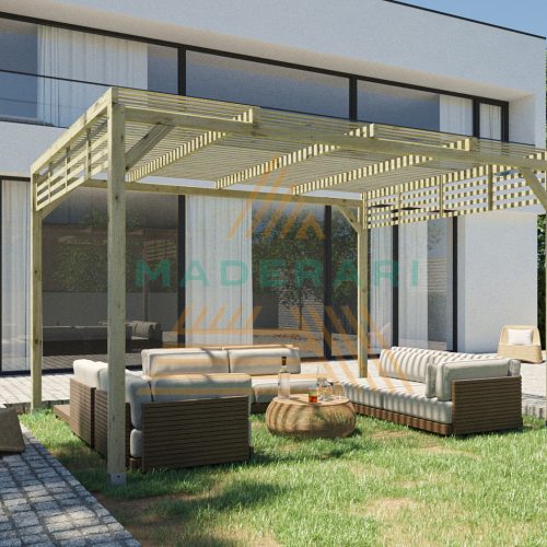 Pérgola de madera maciza tipo Sol y Sombra, diseñada para crear zonas exteriores ventiladas y con protección solar parcial. Fabricada en madera maciza tratada para uso exterior, garantiza resistencia, estabilidad y larga durabilidad frente a humedad y radiación UV. Su diseño con lamas superiores genera un efecto de sombra natural regulada, aportando frescor y un estilo elegante a terrazas, jardines y espacios de hostelería. Solución robusta, decorativa y de bajo mantenimiento para disfrutar del exterior todo el año. Fabricada en España