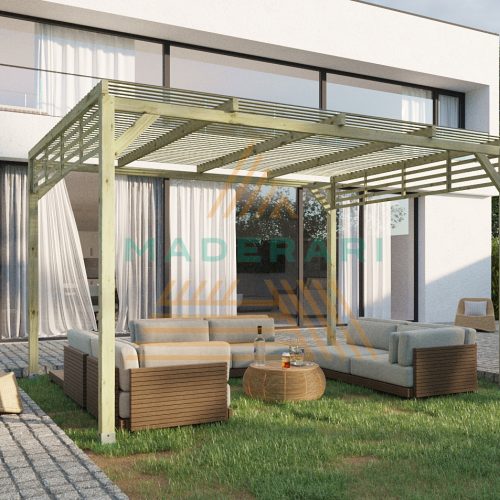 Pérgola de madera maciza tipo Sol y Sombra, diseñada para crear zonas exteriores ventiladas y con protección solar parcial. Fabricada en madera maciza tratada para uso exterior, garantiza resistencia, estabilidad y larga durabilidad frente a humedad y radiación UV. Su diseño con lamas superiores genera un efecto de sombra natural regulada, aportando frescor y un estilo elegante a terrazas, jardines y espacios de hostelería. Solución robusta, decorativa y de bajo mantenimiento para disfrutar del exterior todo el año. Fabricada en España